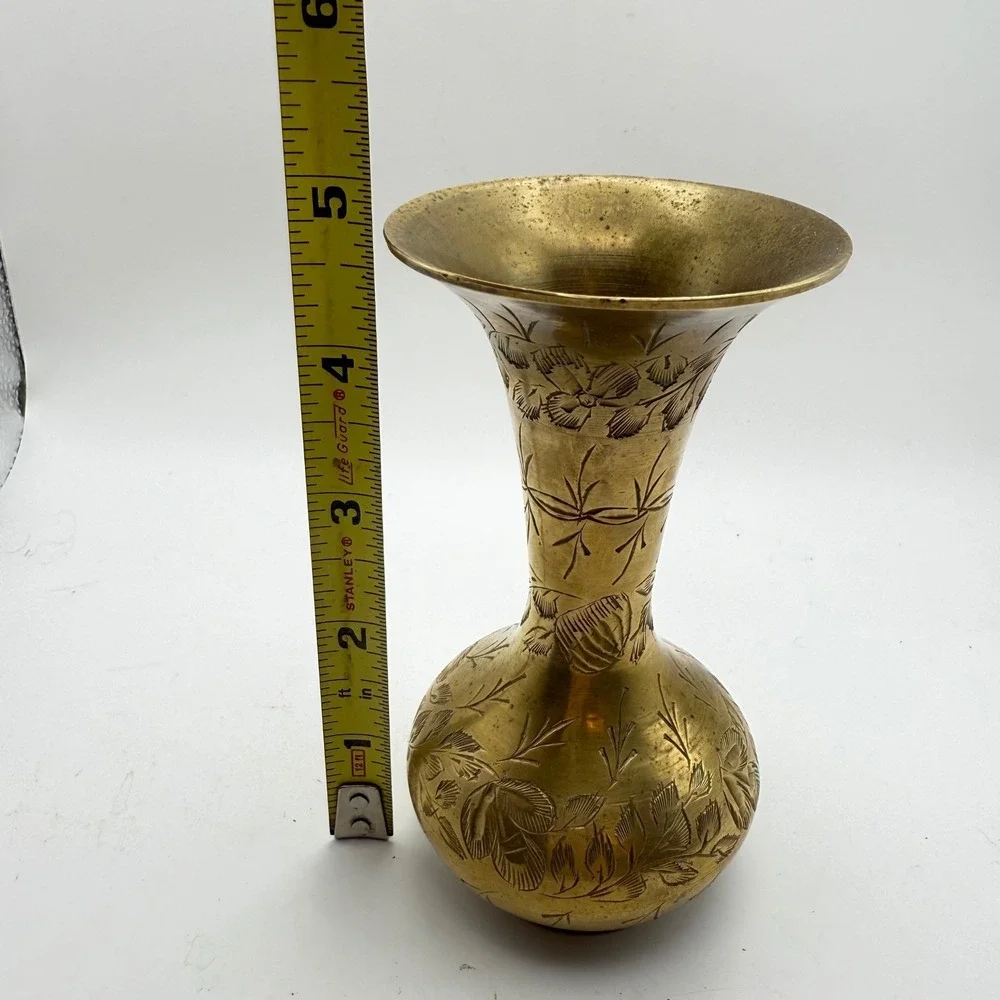 Vintage Etched Brass Vase Floral Design‎ India Decorative Accent Tabletop Decor